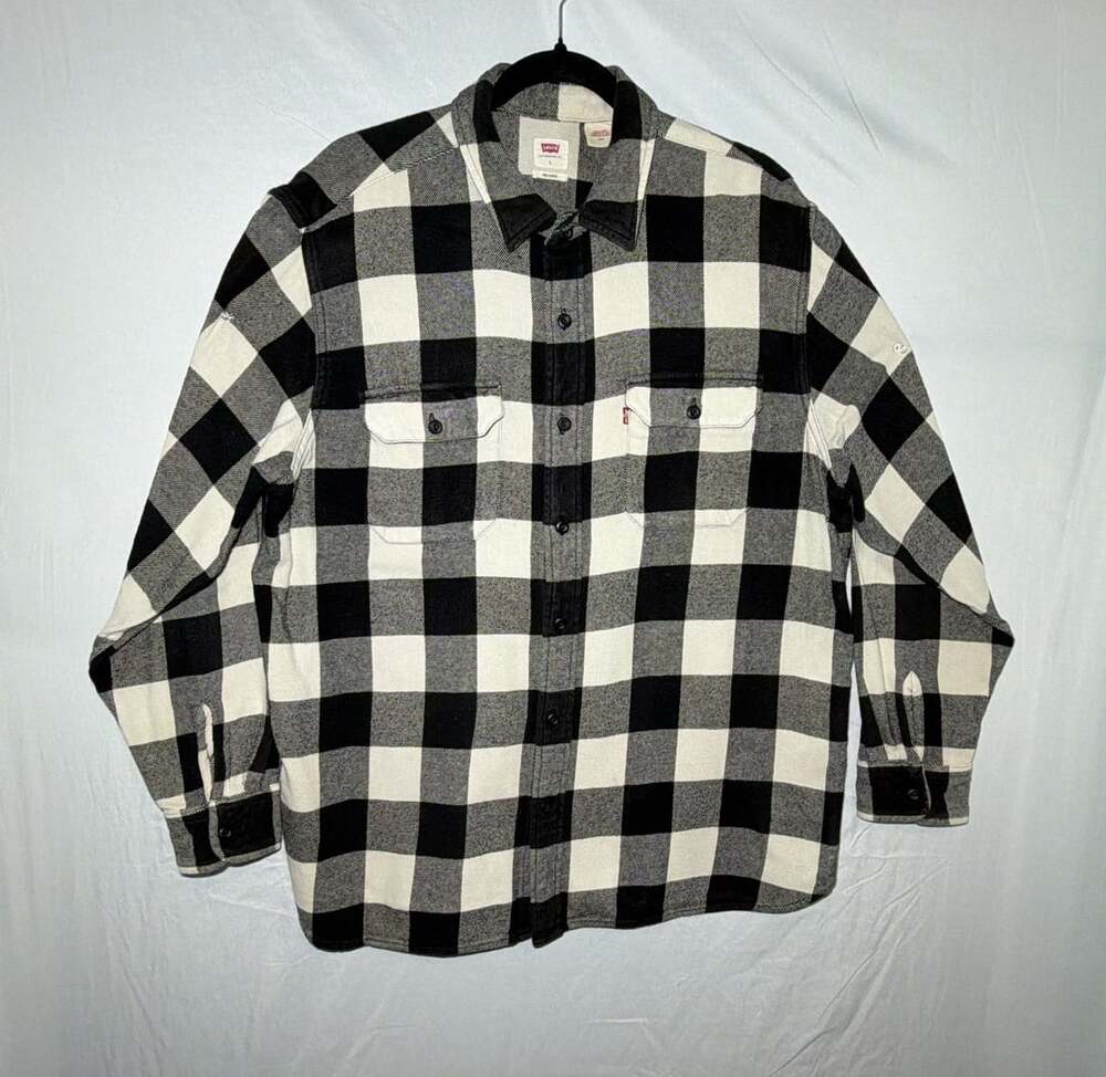 Mens Levi's Black & White Plaid Flannel Long Sleeve Button Up Shirt Size L